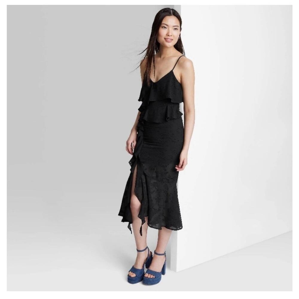 Lorena Rose M Medium Y2K Midi Dress Whimsigoth Ruffle Black Asymmetric Draped